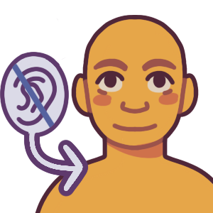 An arrow leading from a bubble pointing to a person. In the bubble is a crossed out ear.